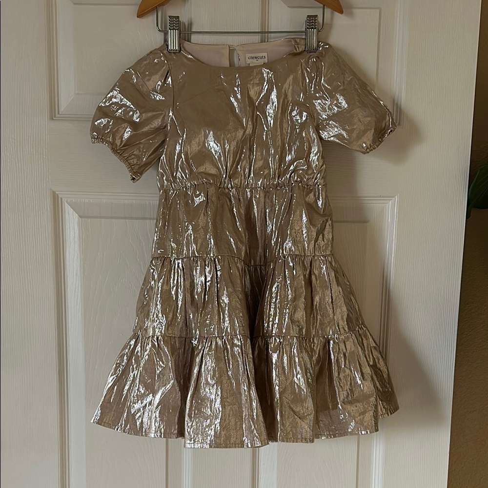 Crewcuts Gold Ruffled Tiered A-line Dress with Puff Sleeves